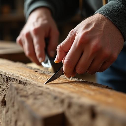 Artigiano al lavoro su un incastro in legno