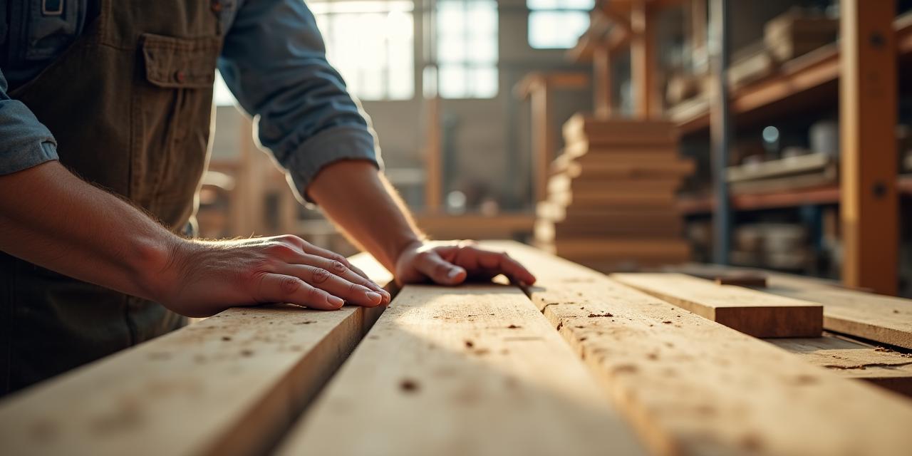 Artigiano falegname che seleziona tavole di legno pregiato
