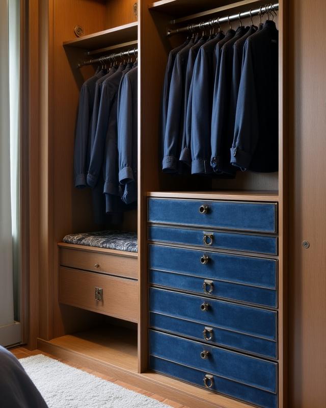 Cabina armadio sartoriale con finiture in velluto